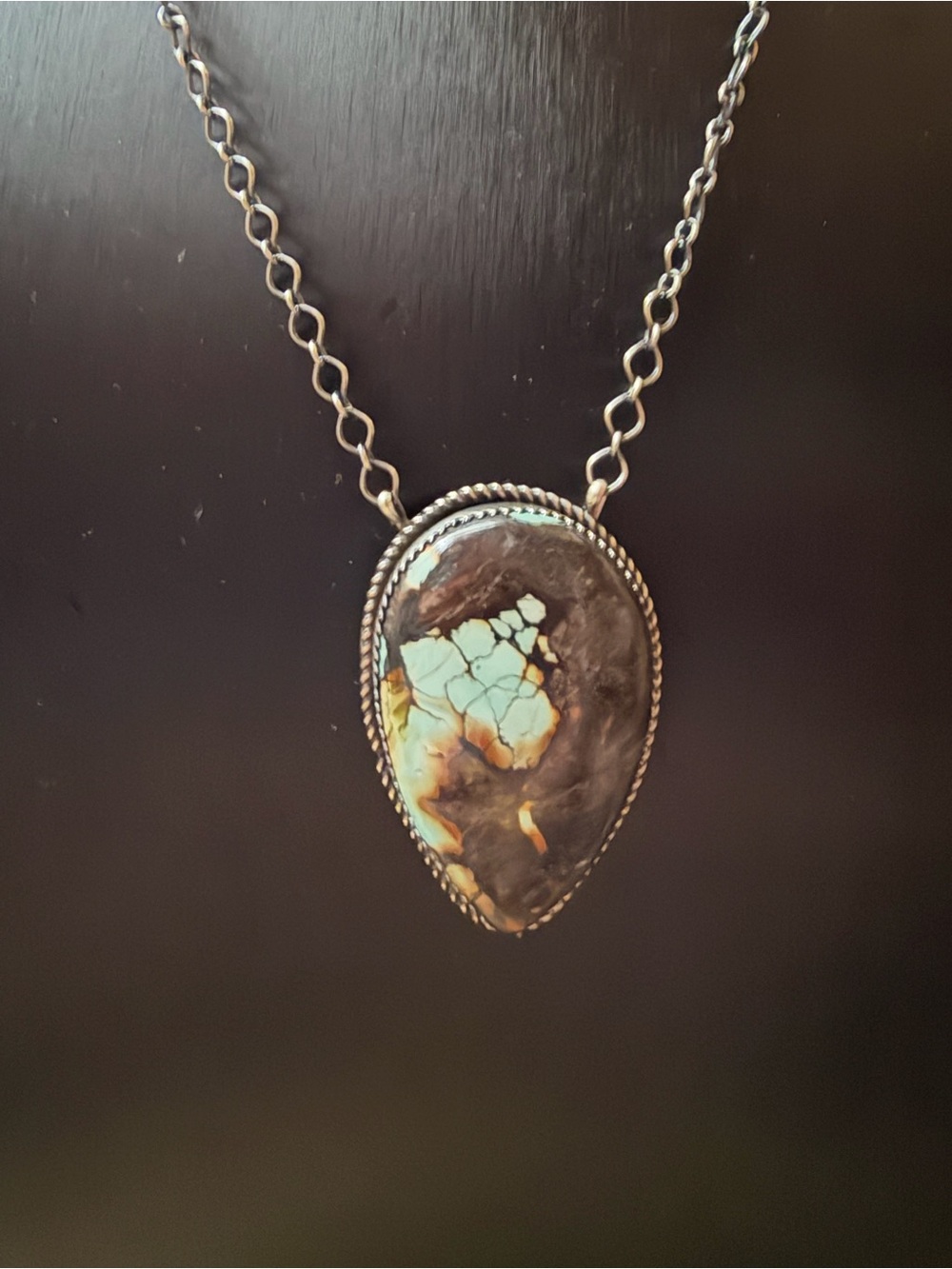 Tia Long Navajo Handmade Teardrop Blackjack turquoise Pendant Necklace